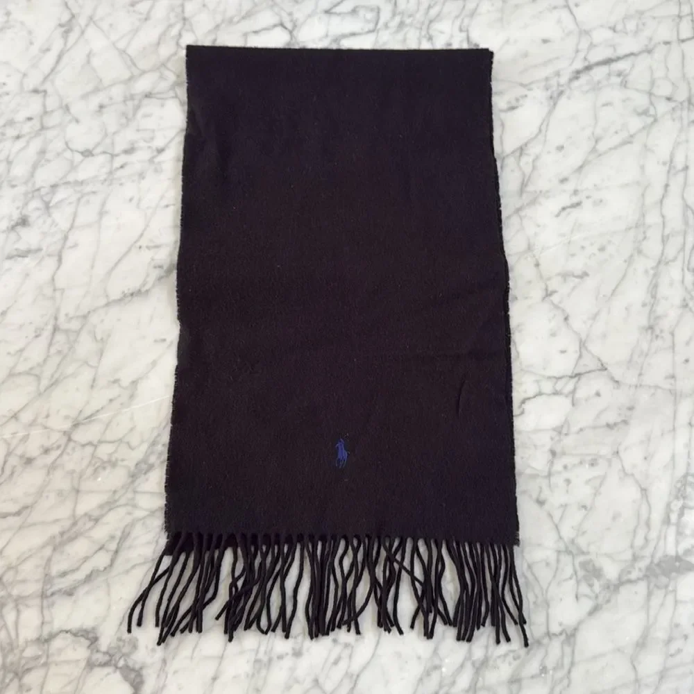 Polo Ralph Lauren 100% Lambs Wool Scarf Black Blue Embroidered
